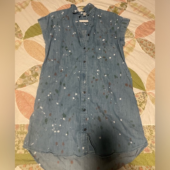 True Craft Chambray Short Sleeve Shirt Dress with Painted Marks Size S Like New - Picture 3 of 9